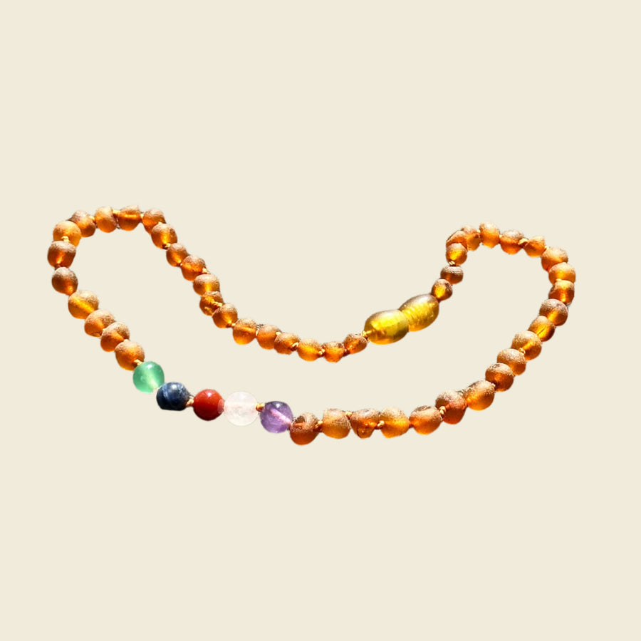 Momma Goose | Teething Necklace | Raw Cognac & Gem Rainbow