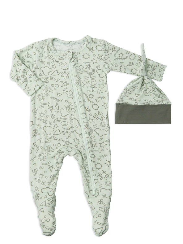 Everly Grey | Zipper Footie with Hat | Sage Doodle