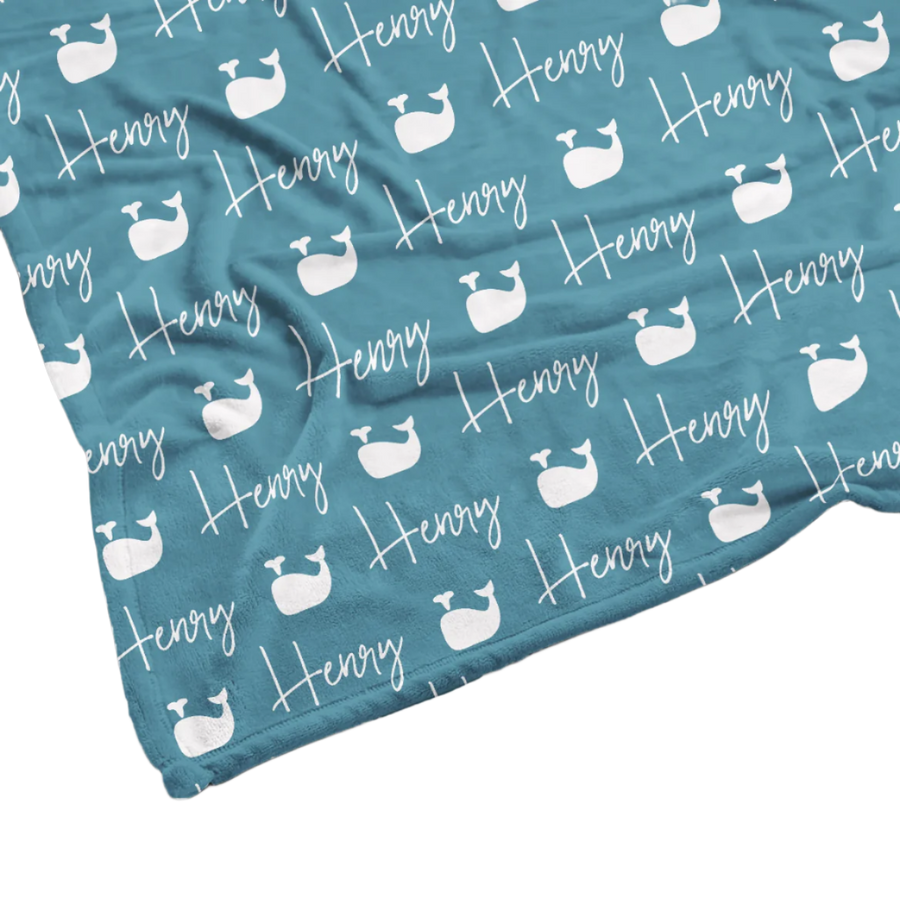 Sugar + Maple | Plush Minky Fleece Personalized Blanket | Whale Icon Repeating Name