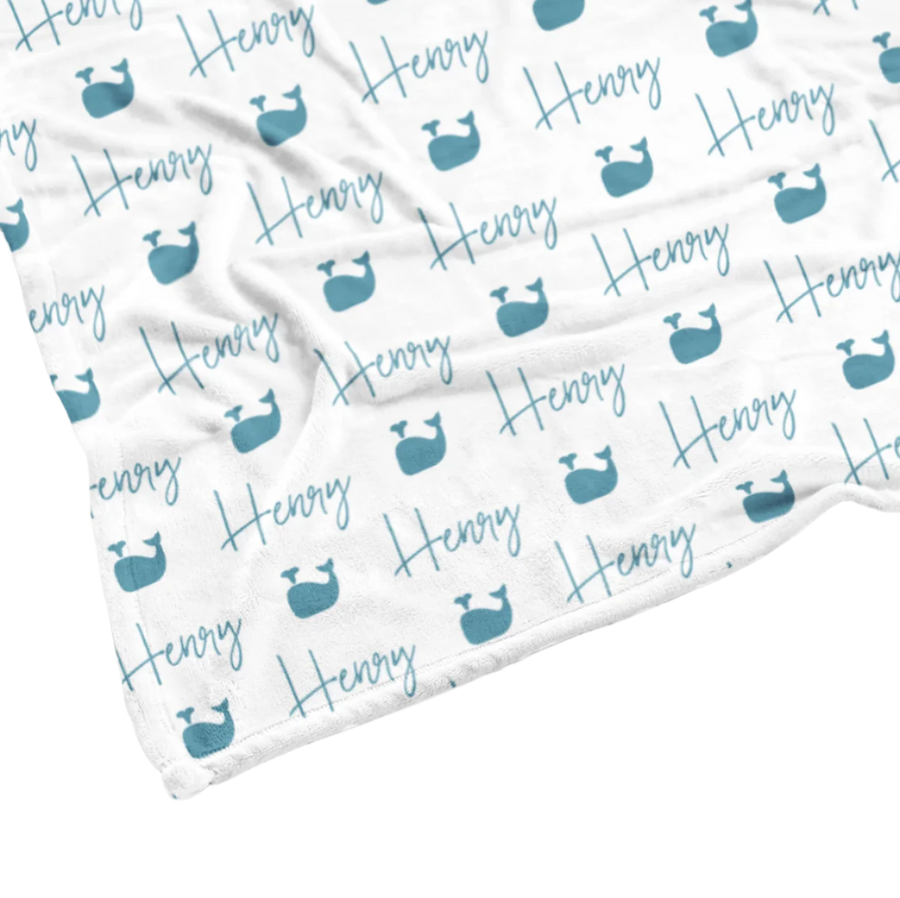 Sugar + Maple | Plush Minky Fleece Personalized Blanket | Whale Icon Repeating Name