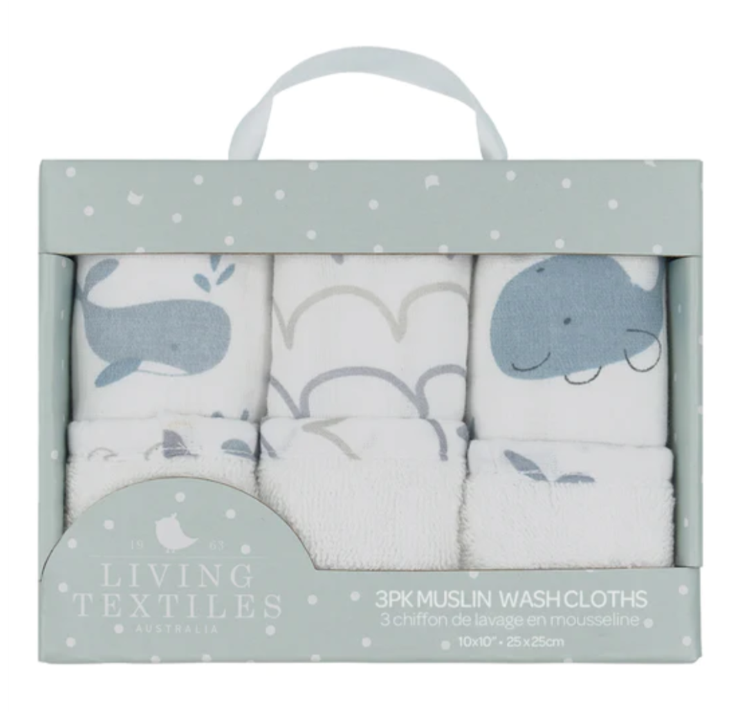 Living Textiles | 3PC Muslin Wash Cloths | Whale of a Time