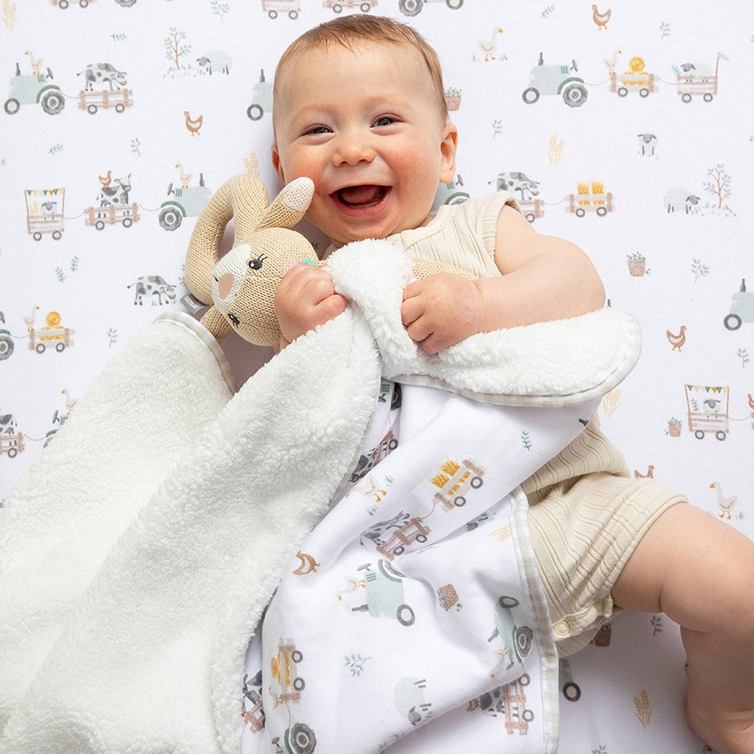 Living TextilesPremium Cotton Baby Blanket w/ Plush Lining | Tractor Ride