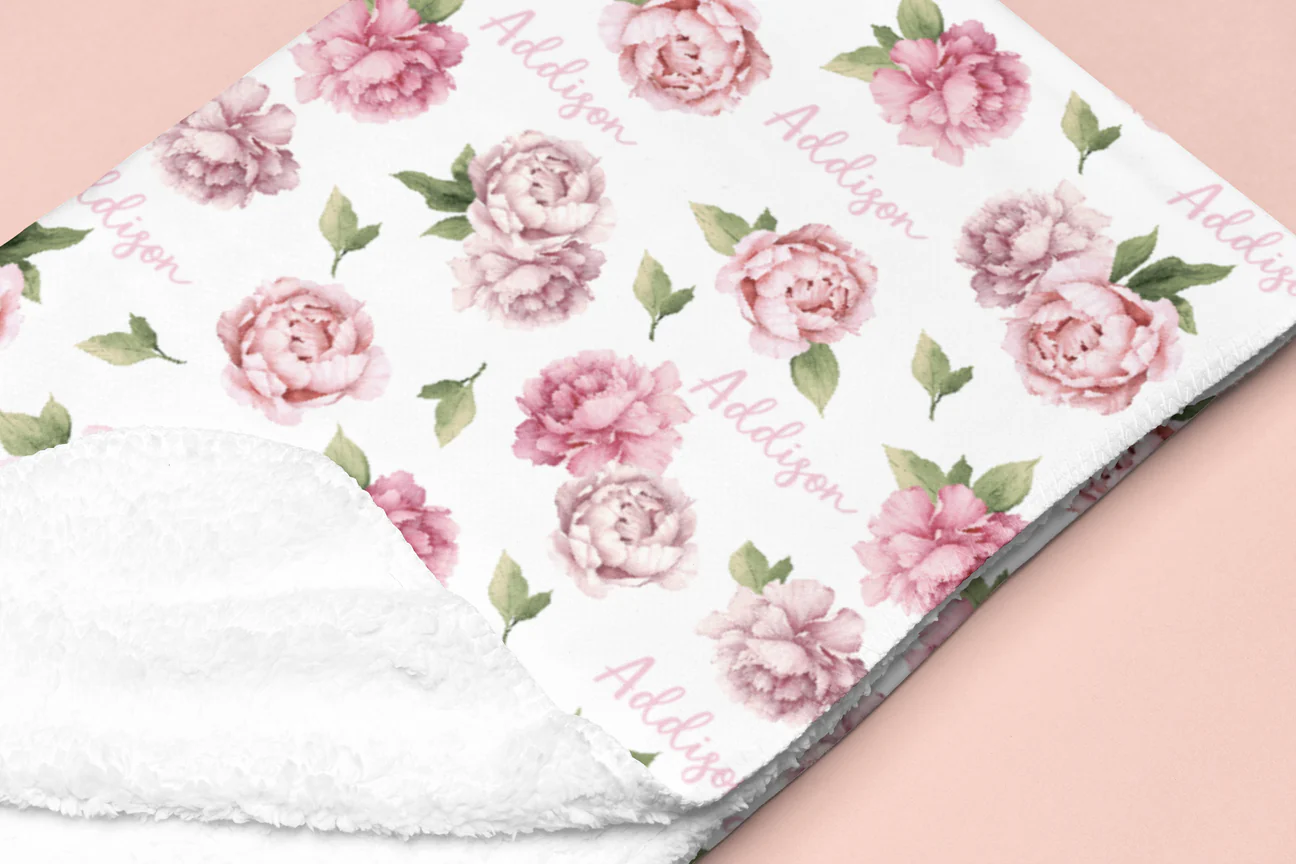 Sugar + Maple | Sherpa-Lined Personalized Blanket | Peonies